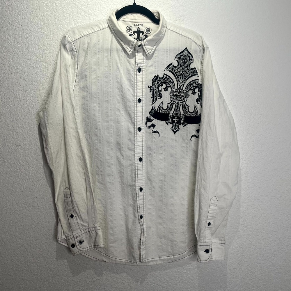 Raw State Shirt Mens Large White Graphic Renegade‎ Goth Fleur de Lis Wings Cross